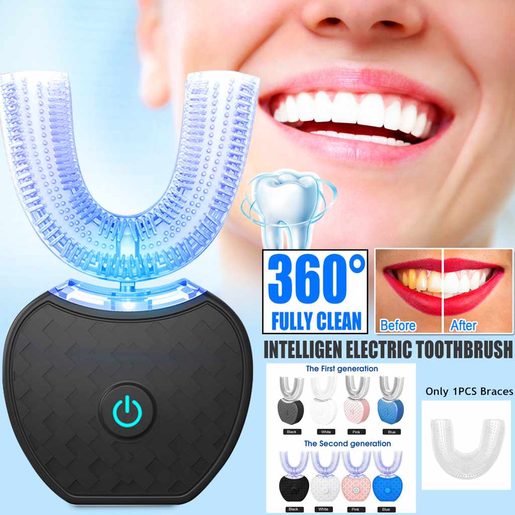 360 Degrees Intelligent Automatic Electric Toothbrush Waterproof U Type Tooth Brush Whitening Blue Light USB Charging - Trend Vibe360 Degrees Intelligent Automatic Electric Toothbrush Waterproof U Type Tooth Brush Whitening Blue Light USB ChargingCJ dropshipping supplier02pcs Head