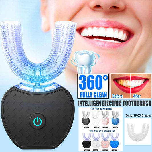 360 Degrees Intelligent Automatic Electric Toothbrush Waterproof U Type Tooth Brush Whitening Blue Light USB Charging - Trend Vibe360 Degrees Intelligent Automatic Electric Toothbrush Waterproof U Type Tooth Brush Whitening Blue Light USB ChargingCJ dropshipping supplier02pcs Head